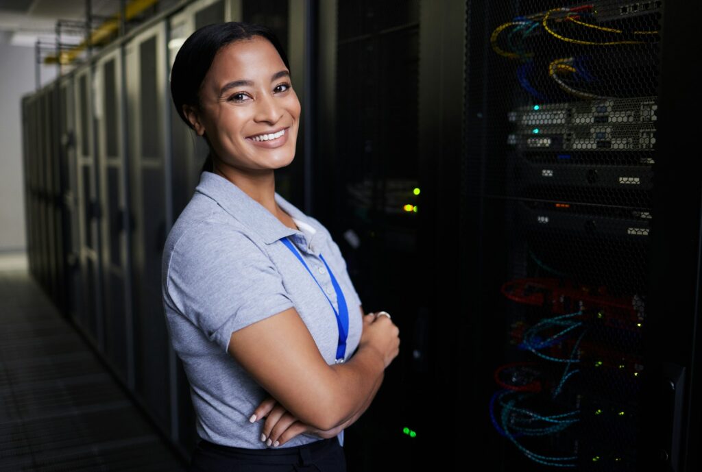 Server room, portrait or happy engineer for online cybersecurity glitch, machine or servers system.